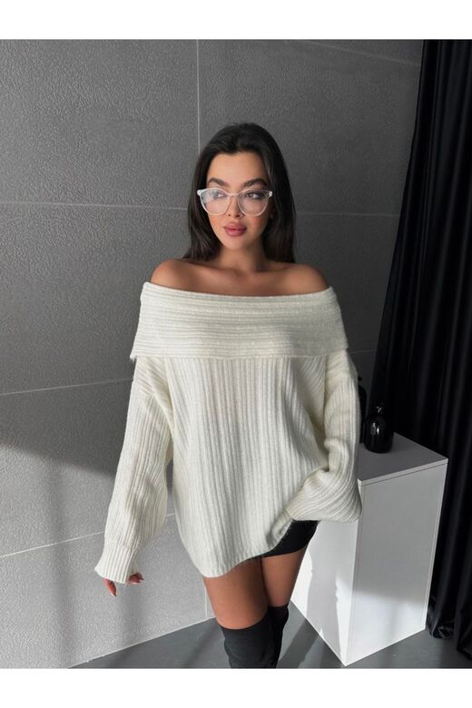 Kadin Omuzları Açık Oversize Şık Triko Kazak