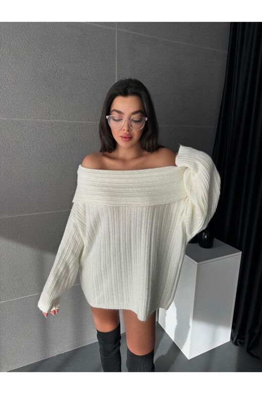 Kadin Omuzları Açık Oversize Şık Triko Kazak
