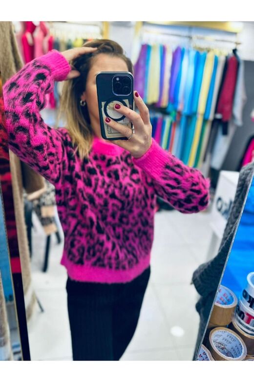 Kadın Leopar Desenli Yün Karışımlı Triko Kazak