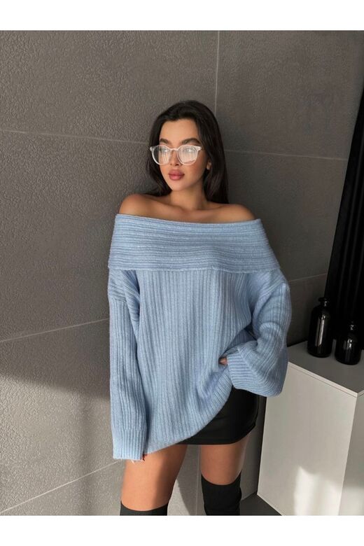 Kadin Omuzları Açık Oversize Şık Triko Kazak