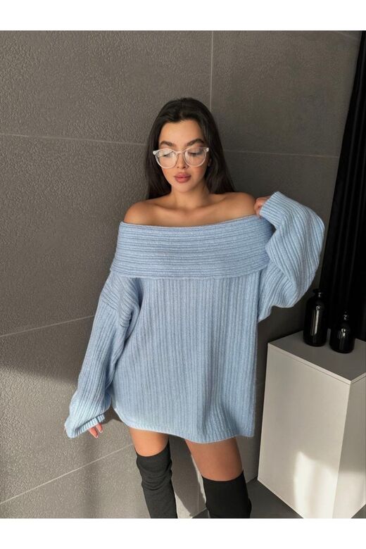 Kadin Omuzları Açık Oversize Şık Triko Kazak