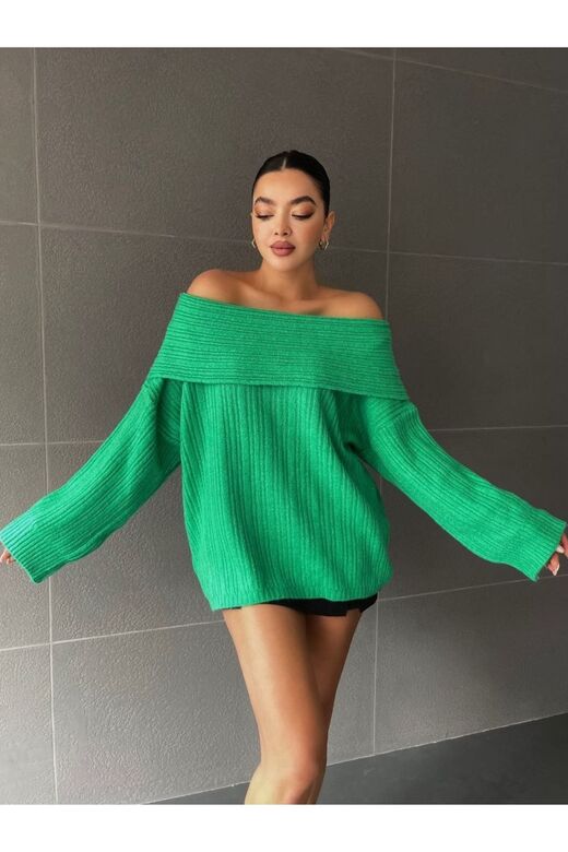 Kadin Omuzları Açık Oversize Şık Triko Kazak