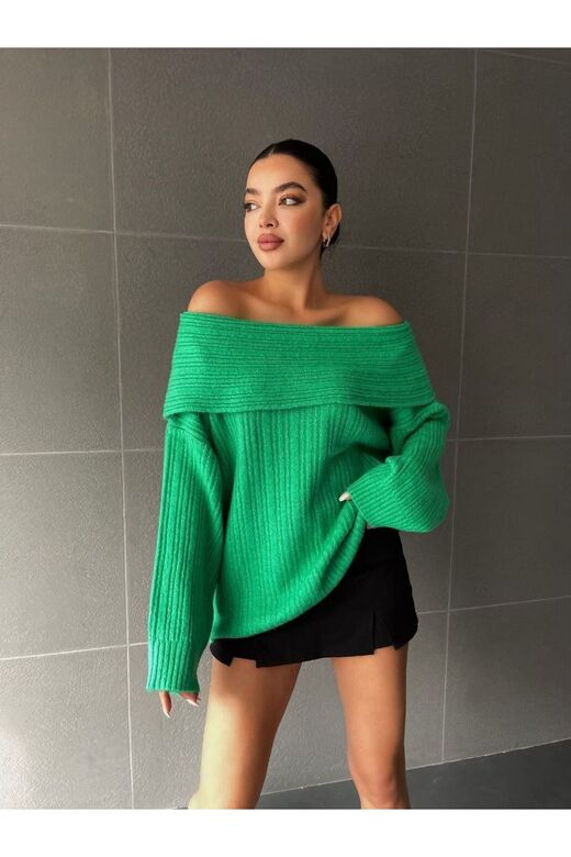 Kadin Omuzları Açık Oversize Şık Triko Kazak