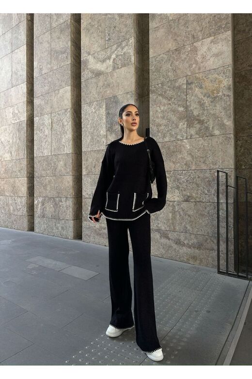 Ceket Yaka Cep Detay Oversize Hırka Ve Yüksek Bel Geniş Paça Pantolon Alt Üst Triko Takım