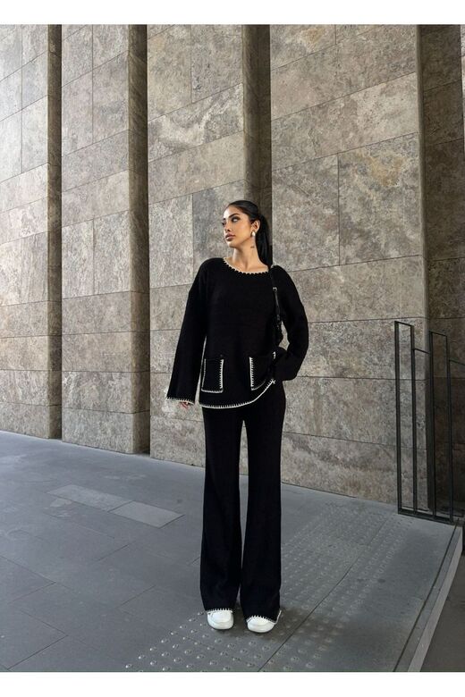 Ceket Yaka Cep Detay Oversize Hırka Ve Yüksek Bel Geniş Paça Pantolon Alt Üst Triko Takım