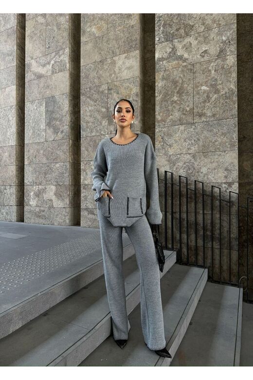 Ceket Yaka Cep Detay Oversize Hırka Ve Yüksek Bel Geniş Paça Pantolon Alt Üst Triko Takım
