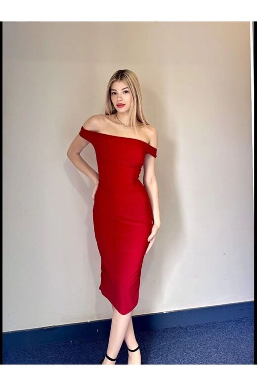 Sandy Kumaş Straplez Kalem Kalem Midi Elbise