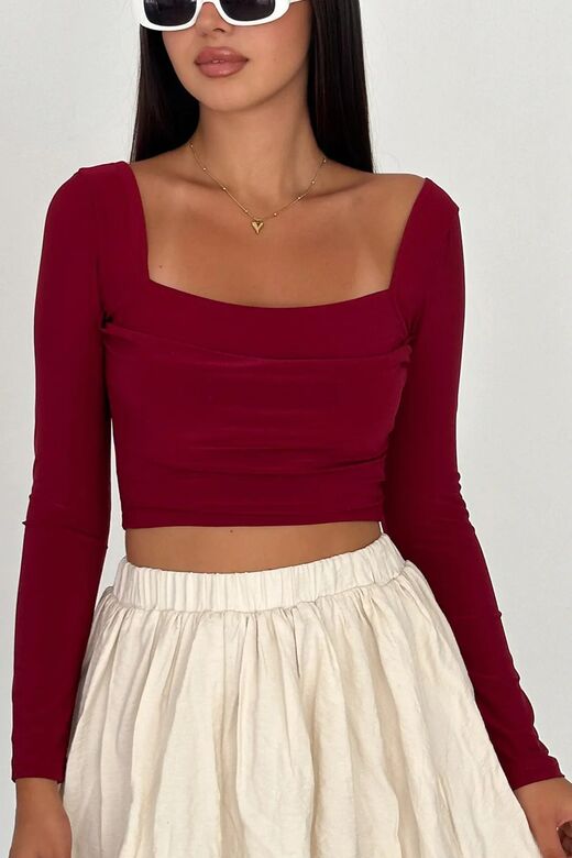 Çift Kat Ön Detaylı Ön-Arka Kare Yaka Crop Top