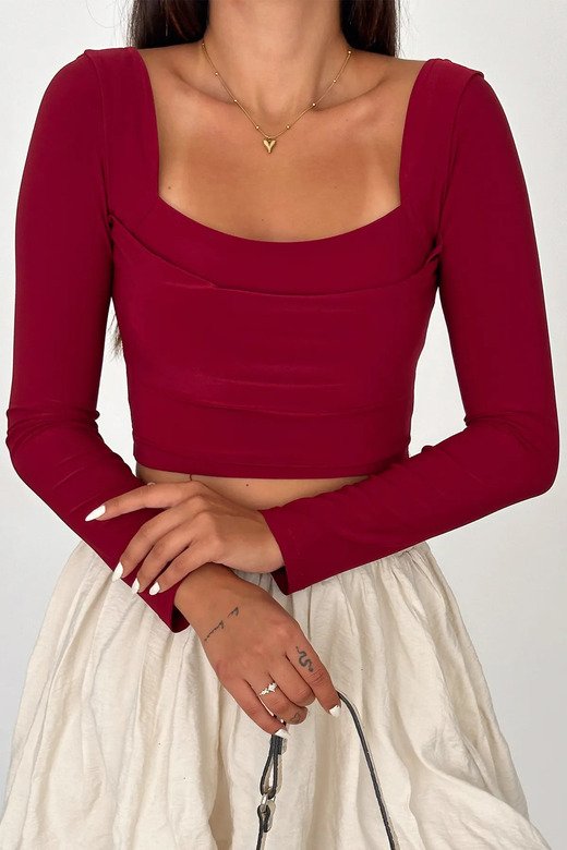 Çift Kat Ön Detaylı Ön-Arka Kare Yaka Crop Top