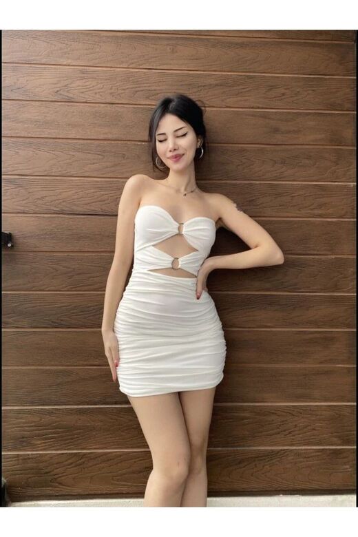 Sandy Kumaş Straplez Halka Detay Mini Elbise