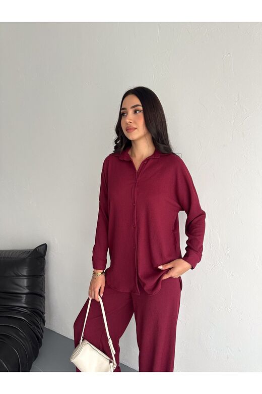 Gofre Uzun Kol Gömlekli Bürümcük Gömlekli Geniş Paçalı İkili Takım