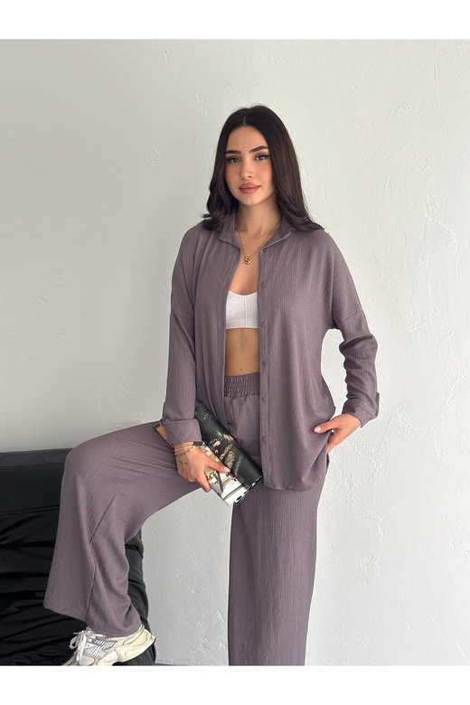 Gofre Uzun Kol Gömlekli Bürümcük gömlekli geniş paçalı İkili Takım