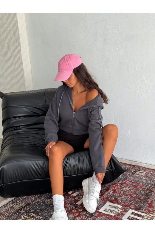 Basic Comfort Crop Fermuarlı 3 İplik Şardonlu Sweatshirt