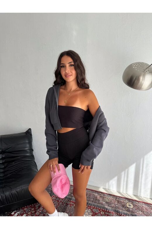 Basic Comfort Crop Fermuarlı 3 İplik Şardonlu Sweatshirt