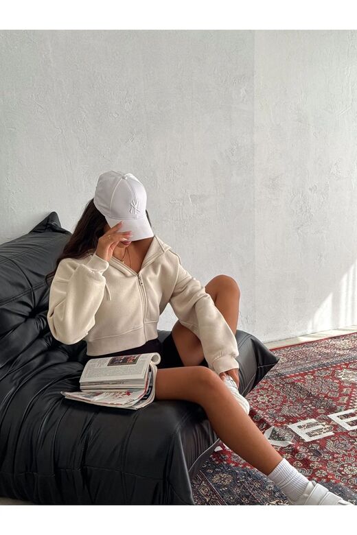Basic Comfort Crop Fermuarlı 3 İplik Şardonlu Sweatshirt