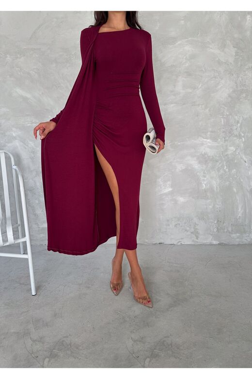 Elegans Yırtmaç Detaylı Midi Elbise
