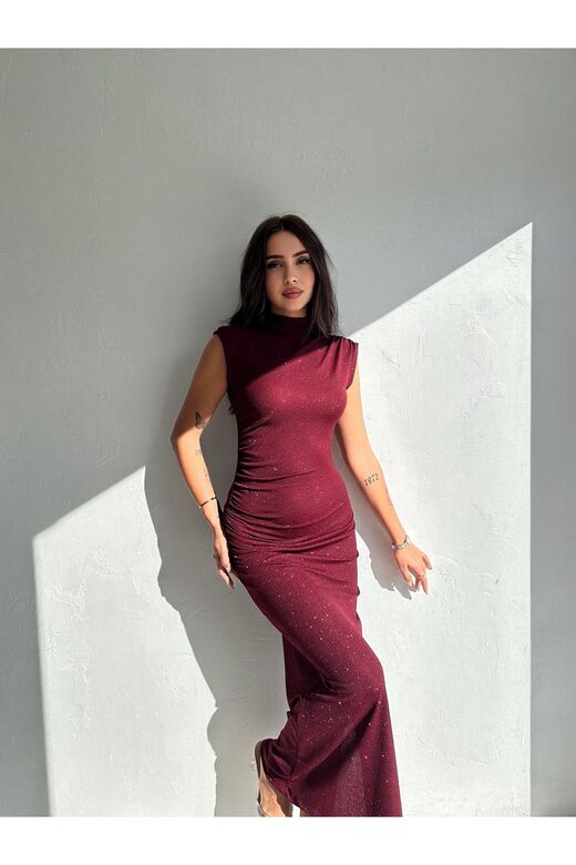Simli Yırtmaç Detaylı Bordo Uzun Abiye Elbise
