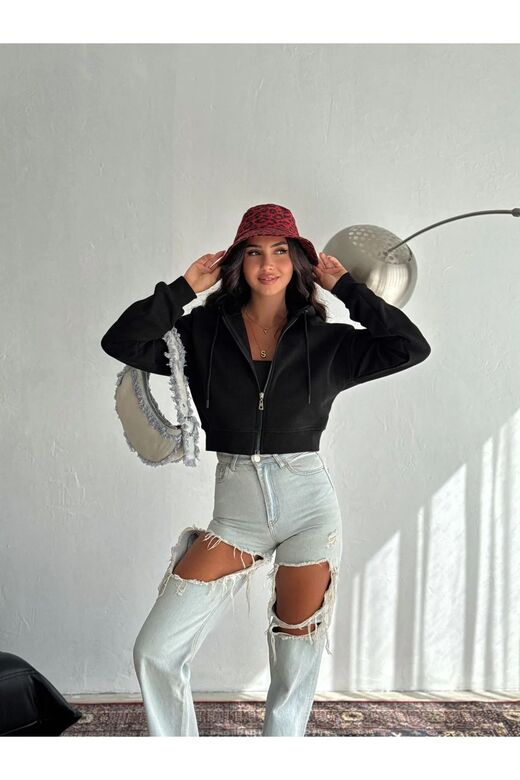 Basic Comfort Crop Fermuarlı 3 İplik Şardonlu Sweatshirt