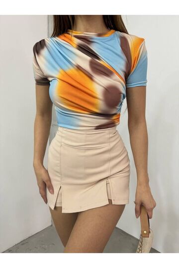 Drabe Yaka Batik Turuncu Bluz