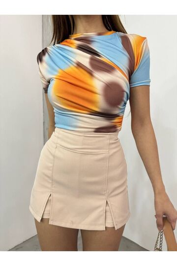 Drabe Yaka Batik Turuncu Bluz