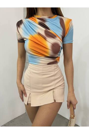 Drabe Yaka Batik Turuncu Bluz