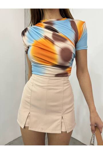 Drabe Yaka Batik Turuncu Bluz