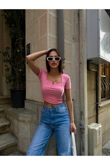 Yeni Sezon Pembe Kare Yaka Bluz