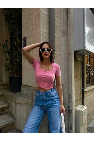 Yeni Sezon Pembe Kare Yaka Bluz