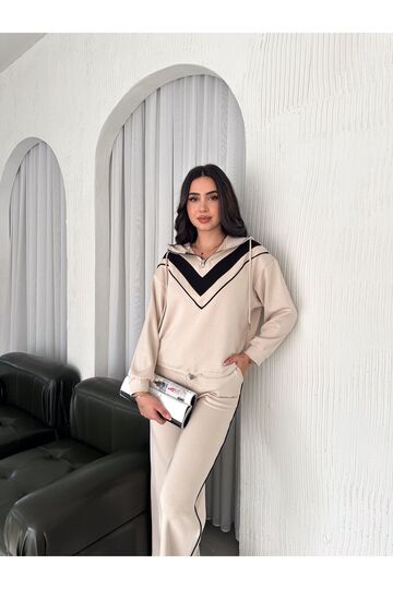 Garnili Biyeli Kapüşonlu Fermuarlı Stoperli Geniş Paça Modal Eşofman Takım
