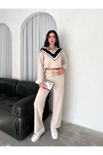 Garnili Biyeli Kapüşonlu Fermuarlı Stoperli Geniş Paça Modal Eşofman Takım