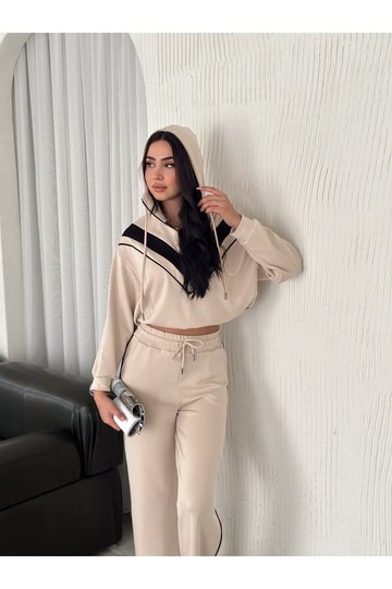GARNİLİ BİYELİ KAPÜŞONLU FERMUARLI STOPERLİ GENİŞ PAÇA MODAL EŞOFMAN TAKIM