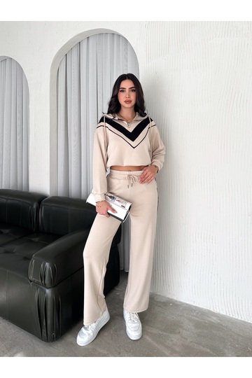 GARNİLİ BİYELİ KAPÜŞONLU FERMUARLI STOPERLİ GENİŞ PAÇA MODAL EŞOFMAN TAKIM