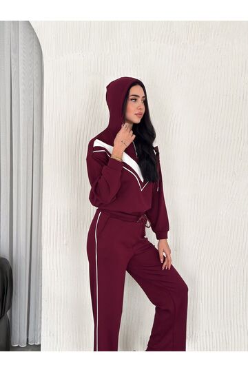 Garnili Biyeli Kapüşonlu Fermuarlı Stoperli Geniş Paça Modal Eşofman Takım
