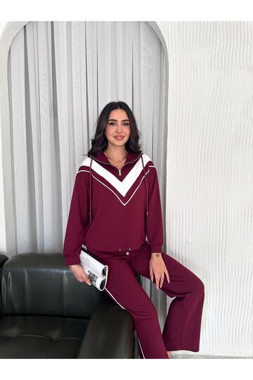 Garnili Biyeli Kapüşonlu Fermuarlı Stoperli Geniş Paça Modal Eşofman Takım