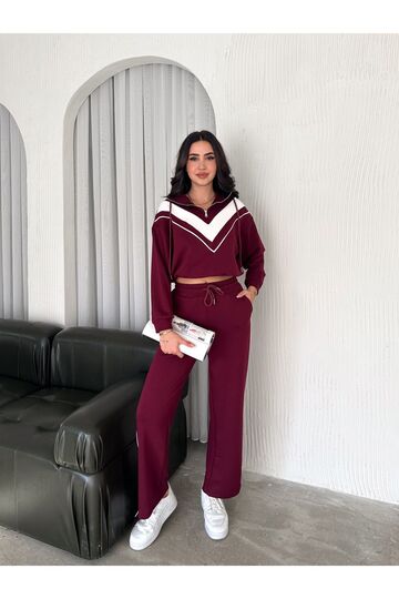 Garnili Biyeli Kapüşonlu Fermuarlı Stoperli Geniş Paça Modal Eşofman Takım