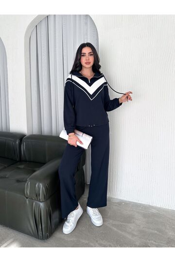 Garnili Biyeli Kapüşonlu Fermuarlı Stoperli Geniş Paça Modal Eşofman Takım