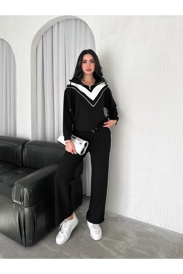 GARNİLİ BİYELİ KAPÜŞONLU FERMUARLI STOPERLİ GENİŞ PAÇA MODAL EŞOFMAN TAKIM
