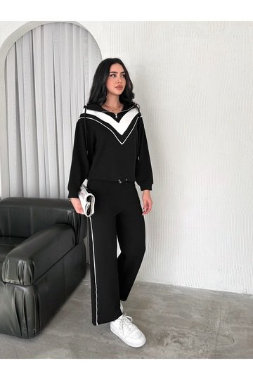 GARNİLİ BİYELİ KAPÜŞONLU FERMUARLI STOPERLİ GENİŞ PAÇA MODAL EŞOFMAN TAKIM