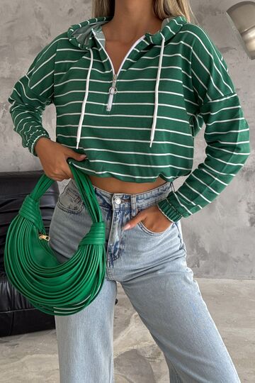 Kadın Kapüşonlu Yarım Fermuar İnce Çizgili Sweatshirt