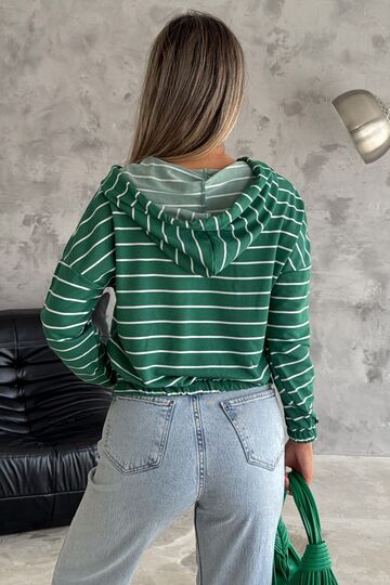 Kadın Kapüşonlu Yarım Fermuar İnce Çizgili Sweatshirt