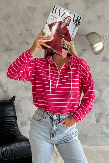 Kadın Kapüşonlu Yarım Fermuar İnce Çizgili Sweatshirt