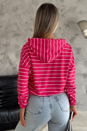 Kadın Kapüşonlu Yarım Fermuar İnce Çizgili Sweatshirt