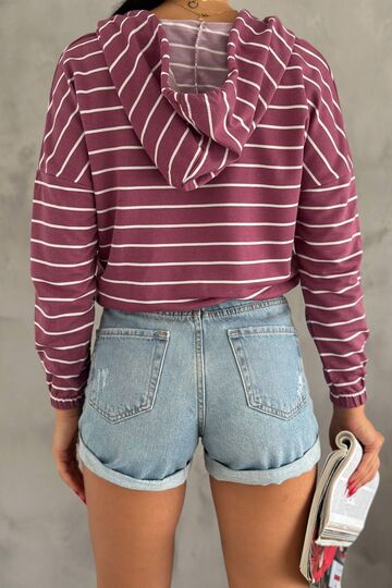 Kadın Kapüşonlu Yarım Fermuar İnce Çizgili Sweatshirt