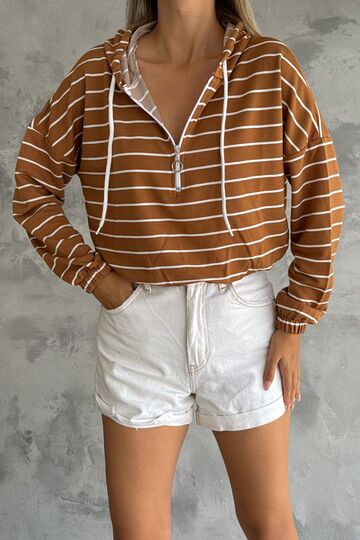Kadın Kapüşonlu Yarım Fermuar İnce Çizgili Sweatshirt