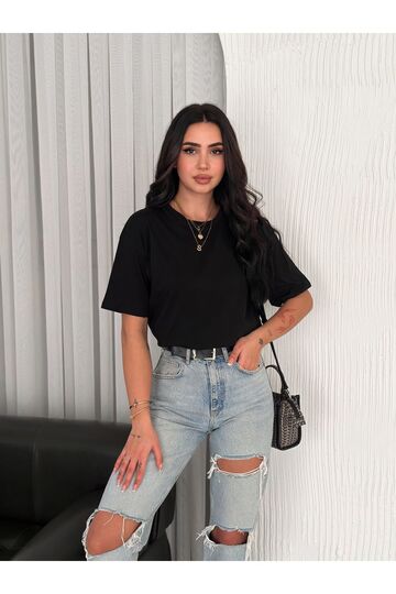 Oversize Bisiklet Yaka Basıc Sade T-Shirt
