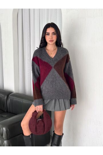 Baklava Desen V Yaka Yumuşak Triko Kazak