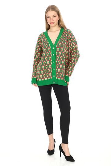 Triko Desenli  Düğmeli Oversize  Hırka