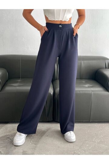 Geniş Paça Beli  Lastikli Düğmeli Palazzo Pantolon