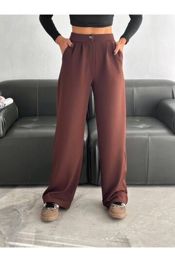 Geniş Paça Beli  Lastikli Düğmeli Palazzo Pantolon