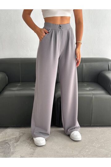 Geniş Paça Beli  Lastikli Düğmeli Palazzo Pantolon